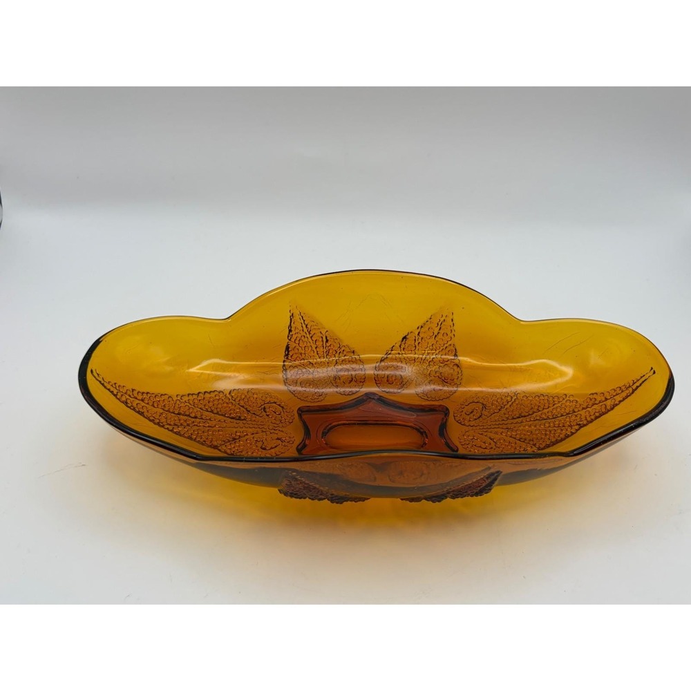 Vintage Anchor Hocking Amber Glass Relish Dish Renaissance Leaf Oval Celery 10"